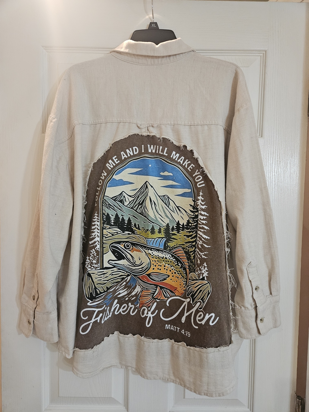 Upcycled Fisher of Men Graphic Oversized Button-Up Jacket - Beige